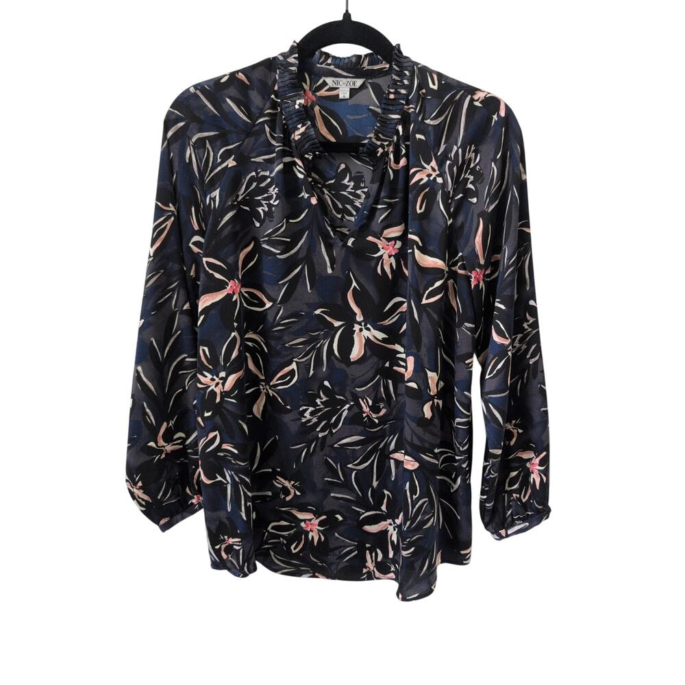 Nic + Zoe Ruffle Neck Floral Print Blouse size Small